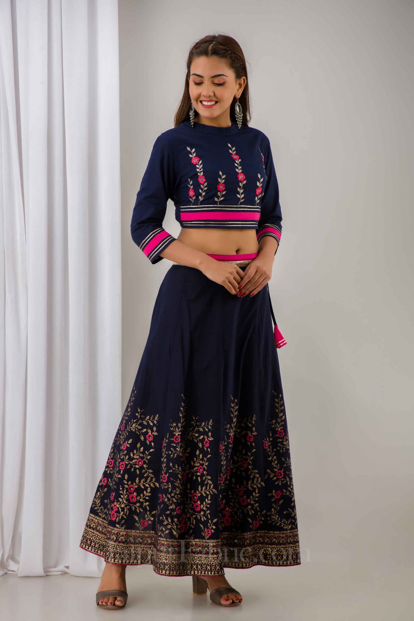 Women Navy Blue Festive Cotton Top with Skirt