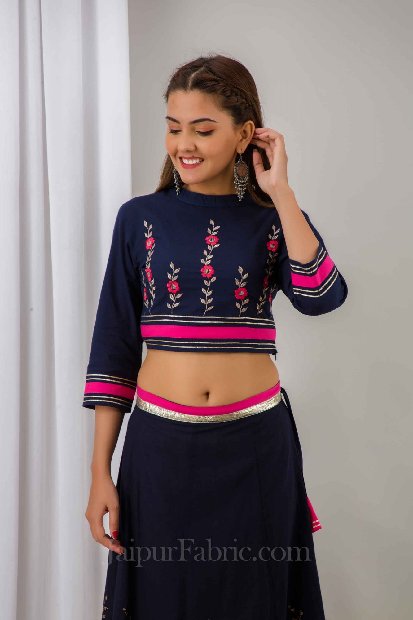 Women Navy Blue Festive Cotton Top with Skirt