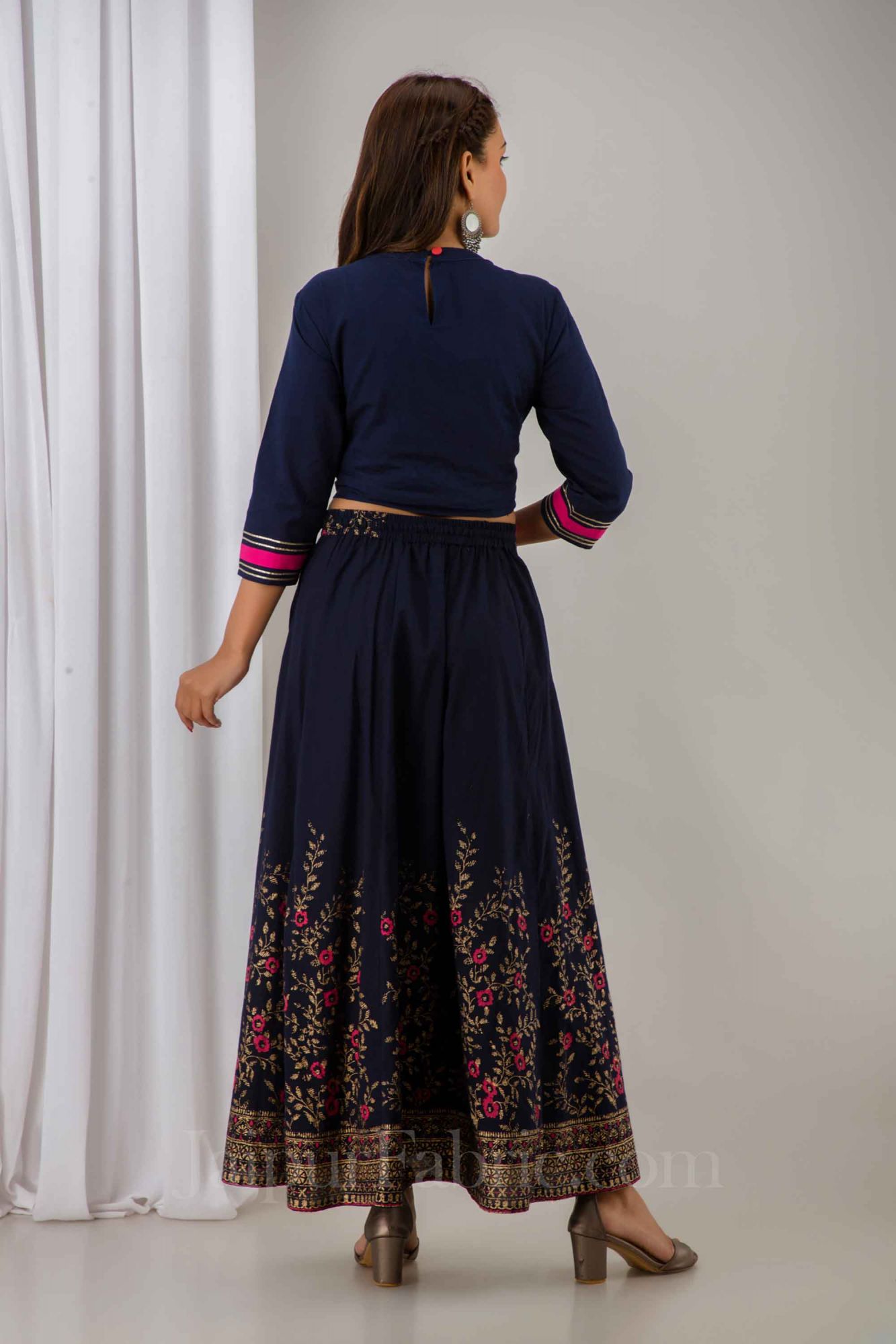 Women Navy Blue Festive Cotton Top with Skirt