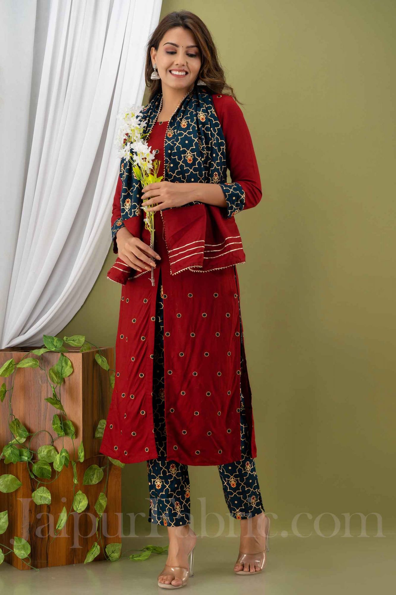 Women Red Cotton Round Neck Kurta wth Pant & Dupatta