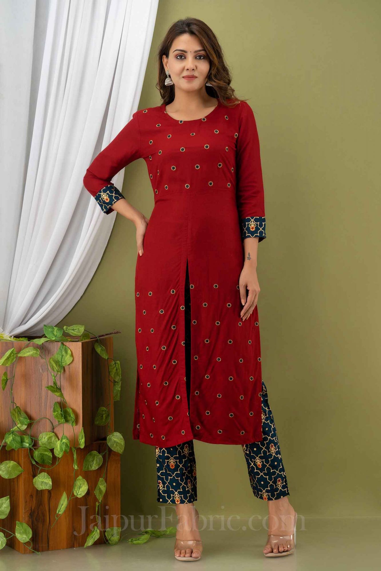 Women Red Cotton Round Neck Kurta wth Pant & Dupatta