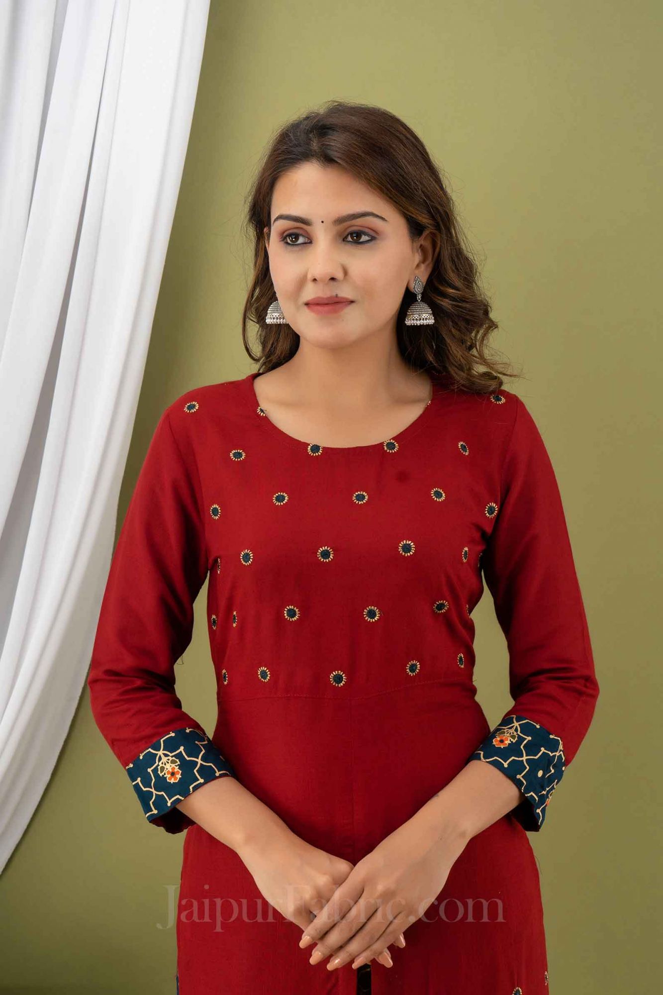 Women Red Cotton Round Neck Kurta wth Pant & Dupatta