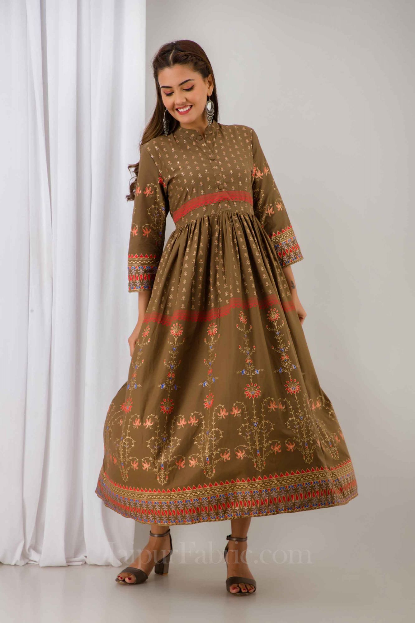 Women Brown Cotton Long Flared Kurti