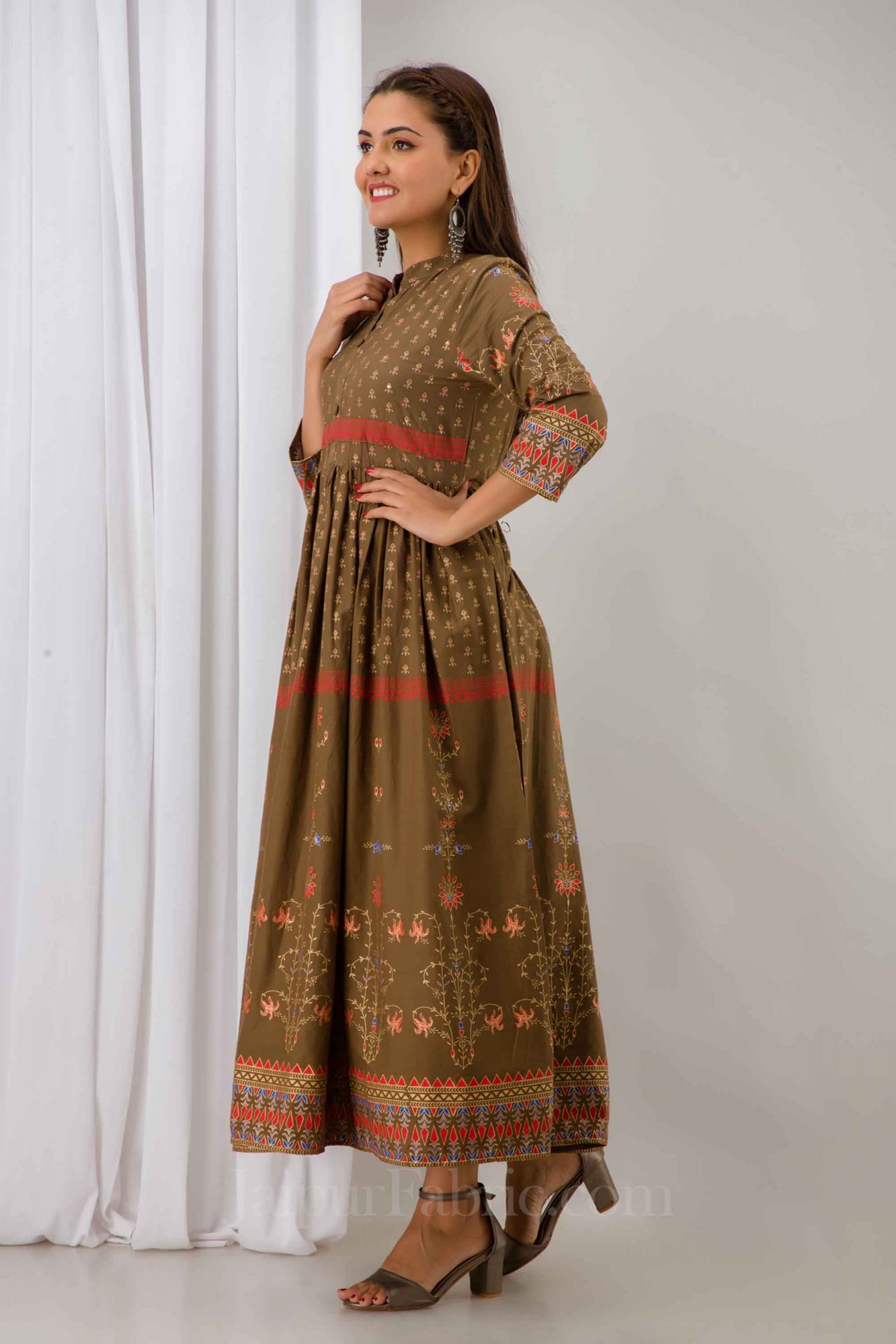 Women Brown Cotton Long Flared Kurti