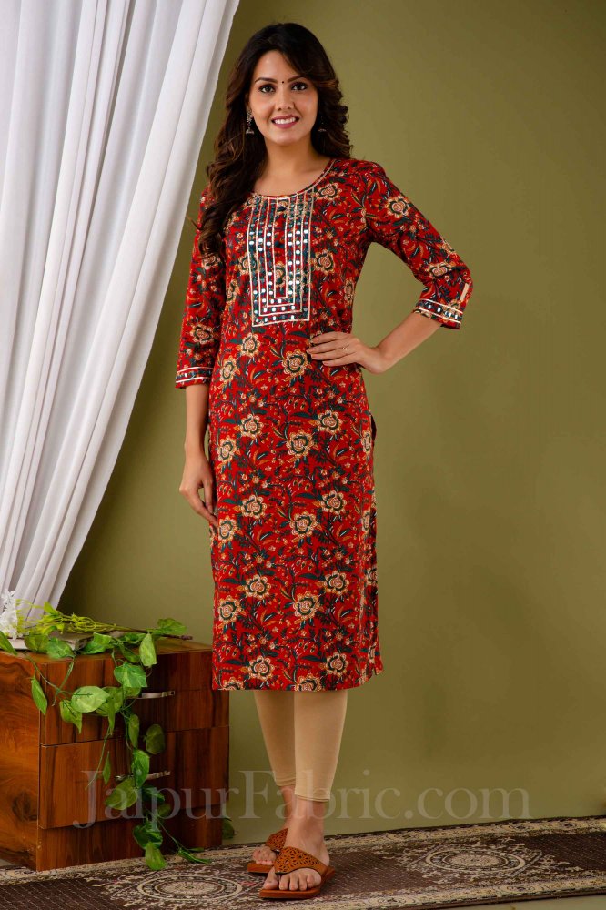 Women Floral Round Neck Cotton Kurti