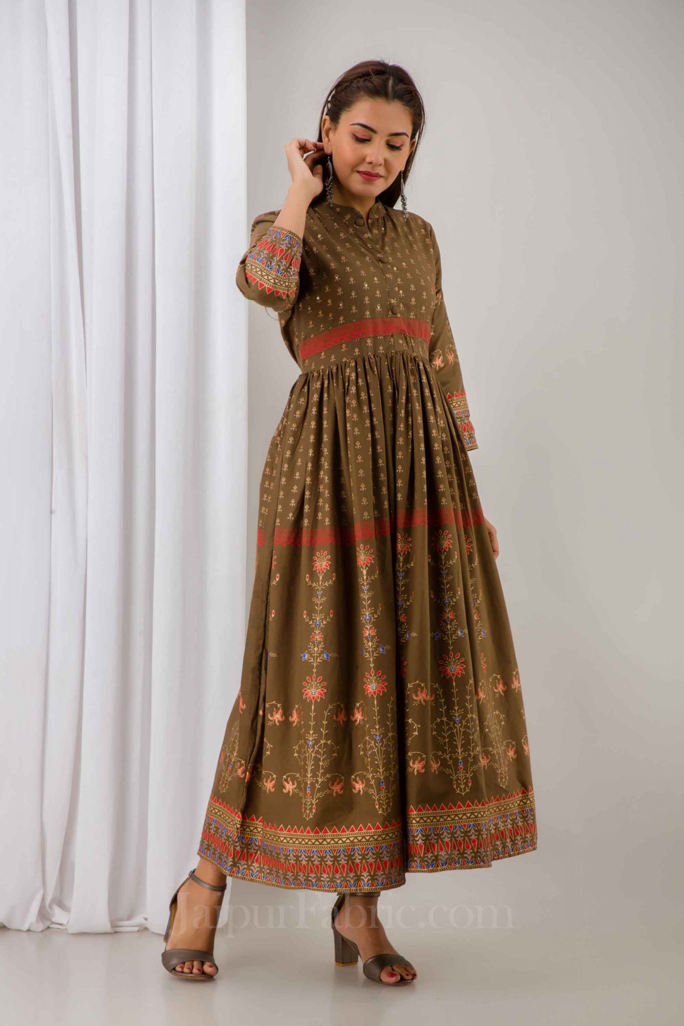 Women Brown Cotton Long Flared Kurti