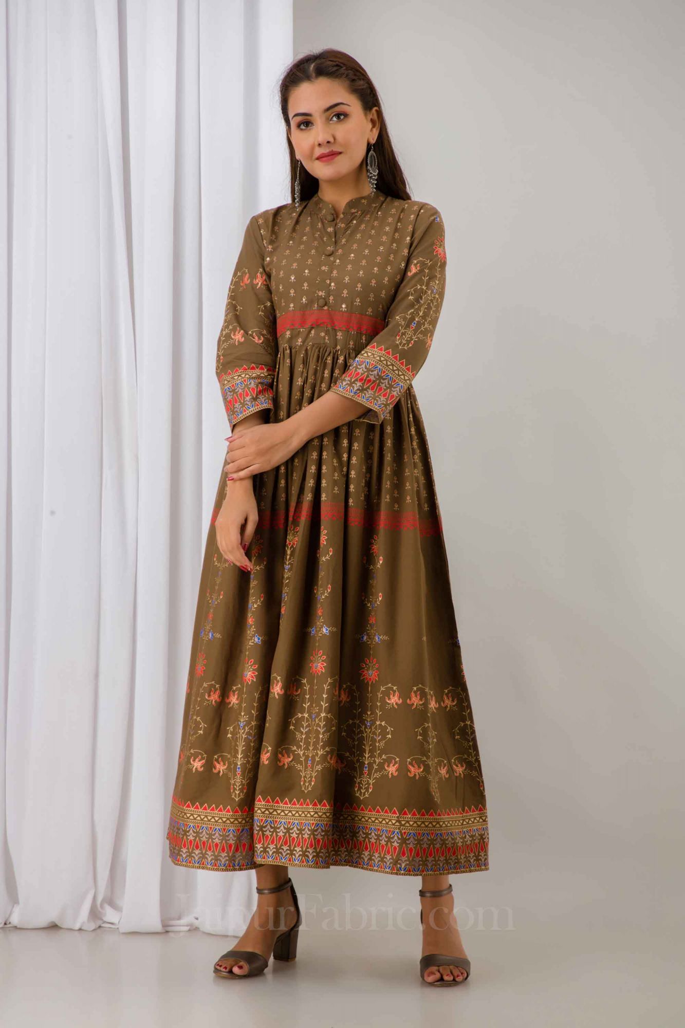 Women Brown Cotton Long Flared Kurti