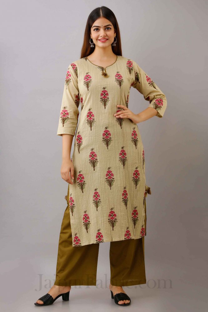 Women Dark Cream Cotton Kurti With Palazzo