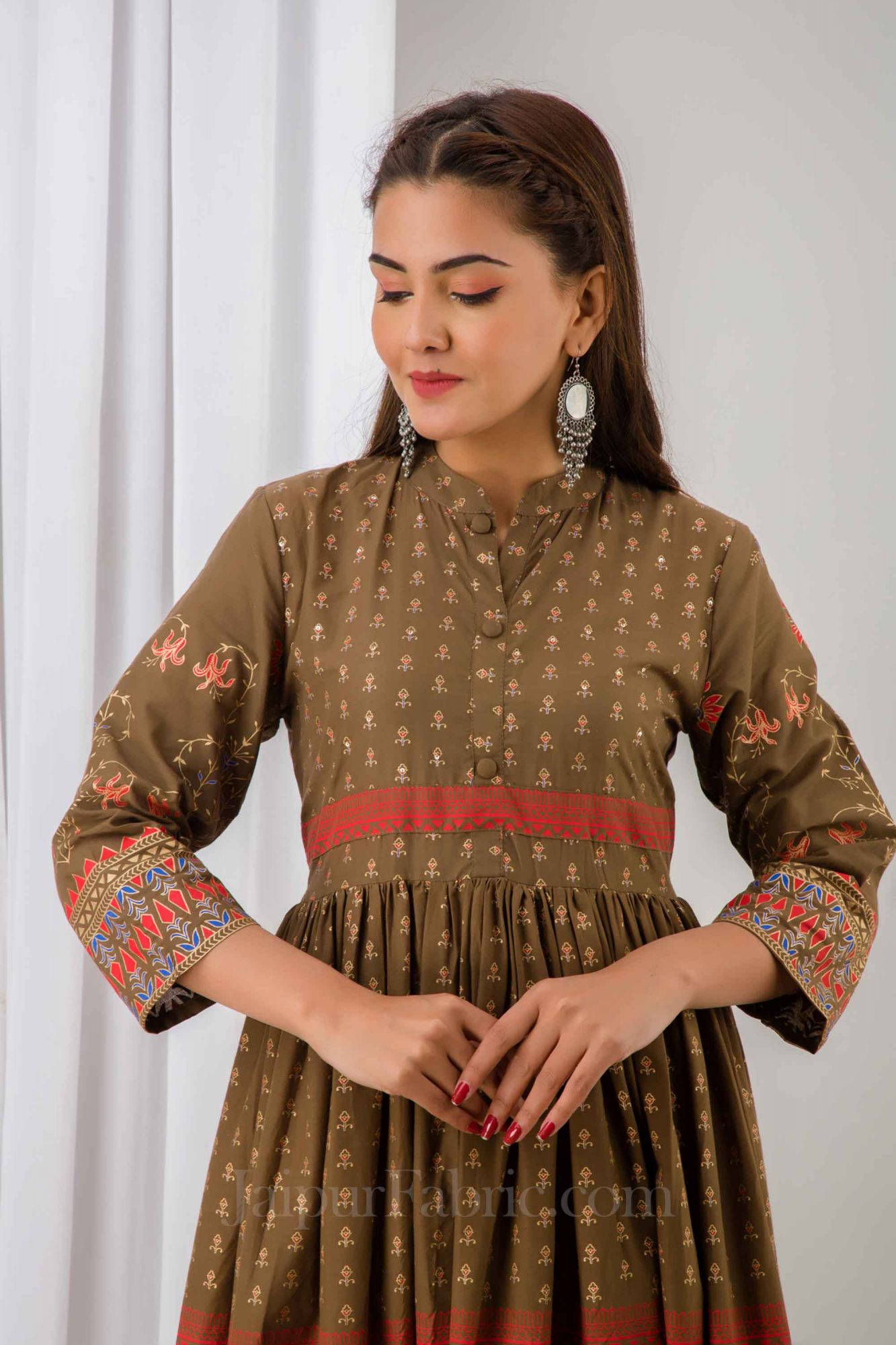 Women Brown Cotton Long Flared Kurti