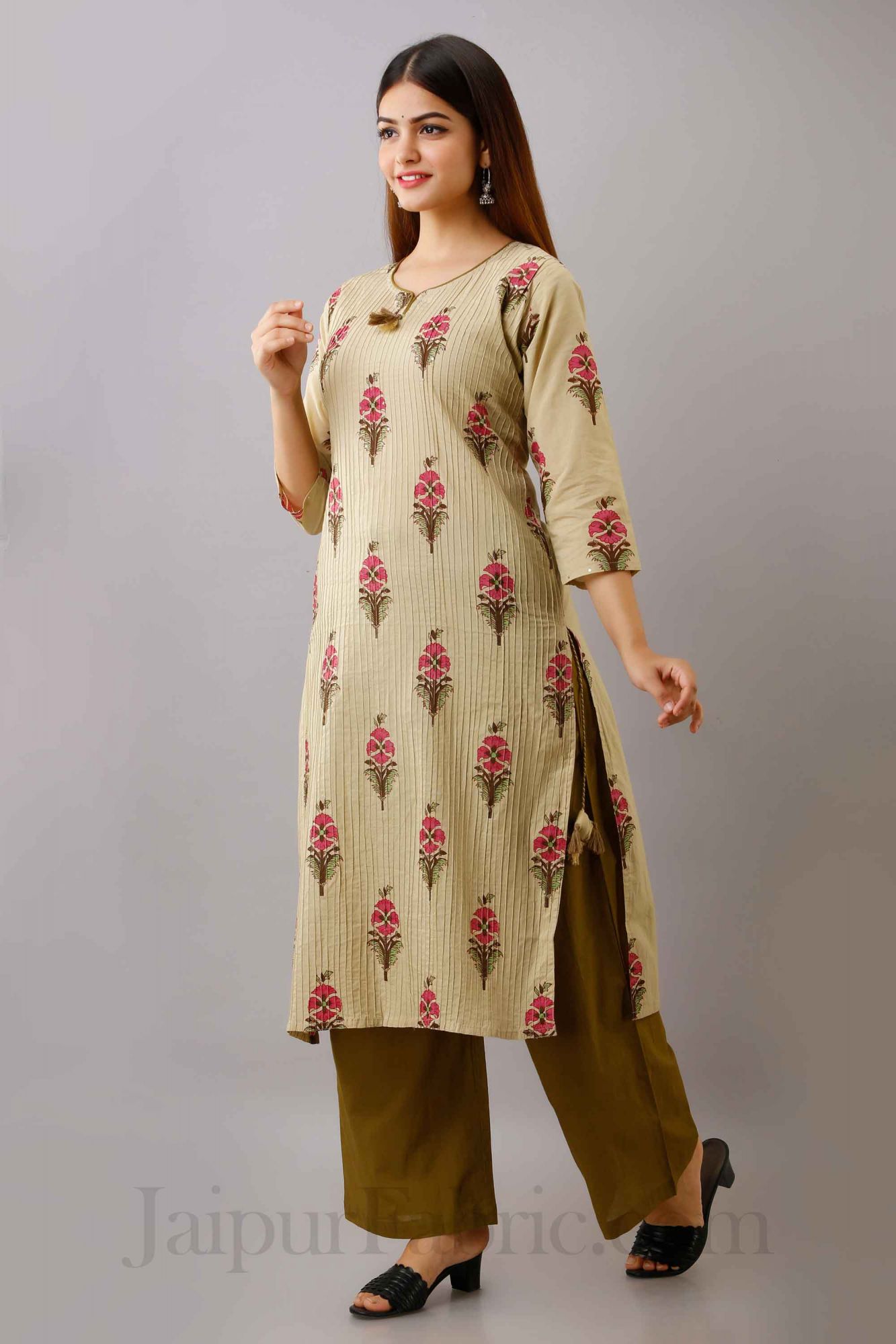 Women Dark Cream Cotton Kurti With Palazzo