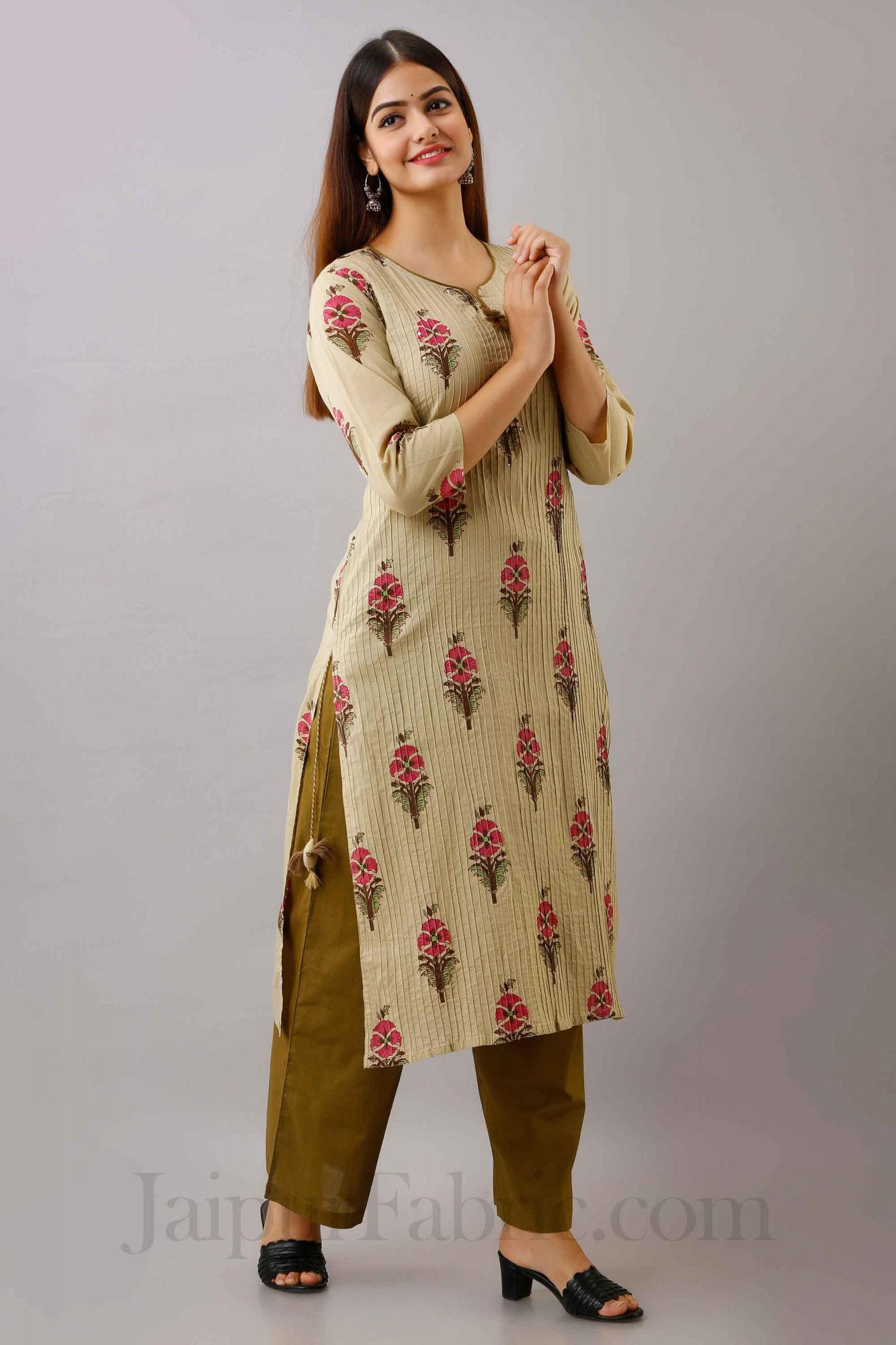 Women Dark Cream Cotton Kurti With Palazzo