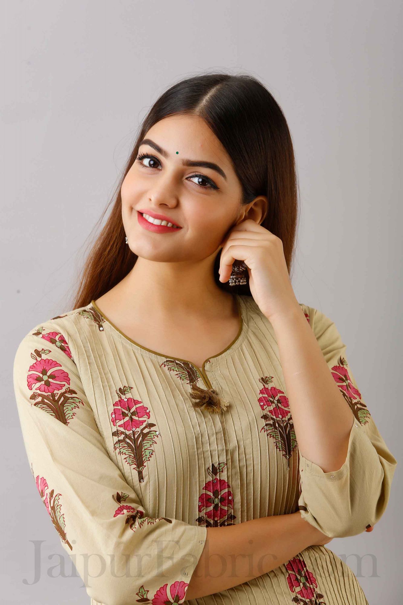 Women Dark Cream Cotton Kurti With Palazzo