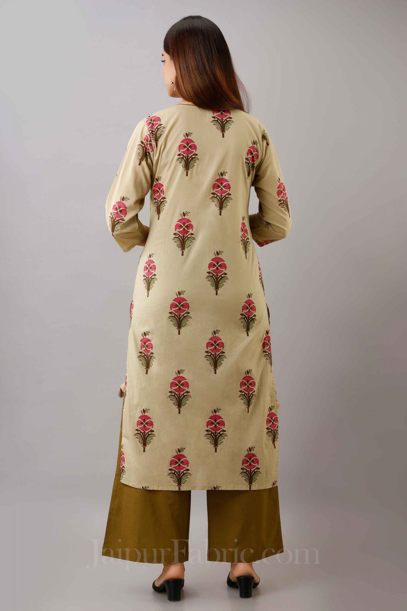 Women Dark Cream Cotton Kurti With Palazzo