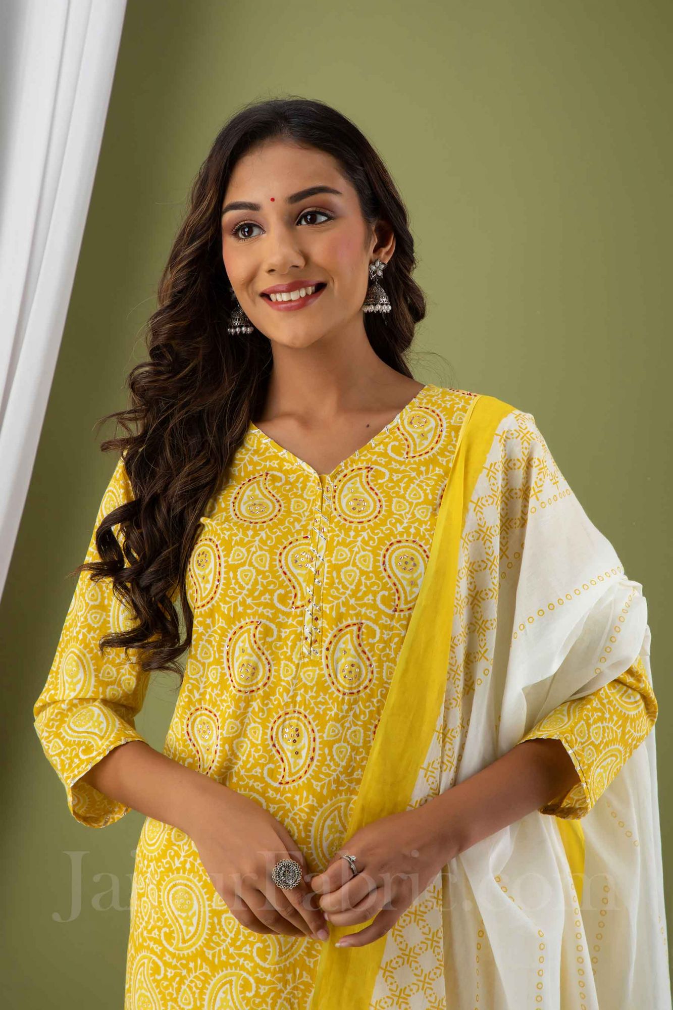 Women Yellow Paisley Print Cotton Kurti with Pant & Dupatta