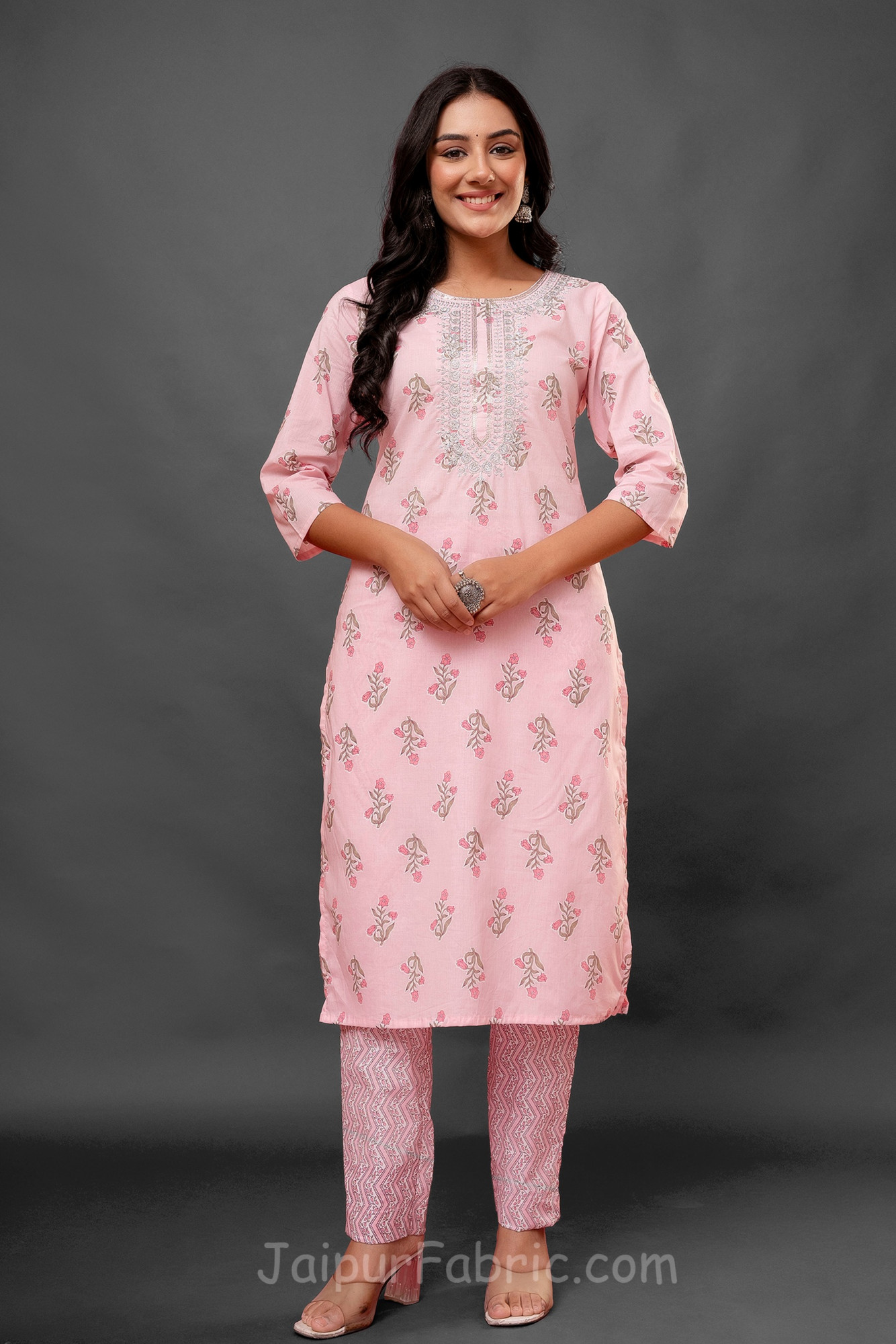 Pink Silver Work Kurti Pant Set