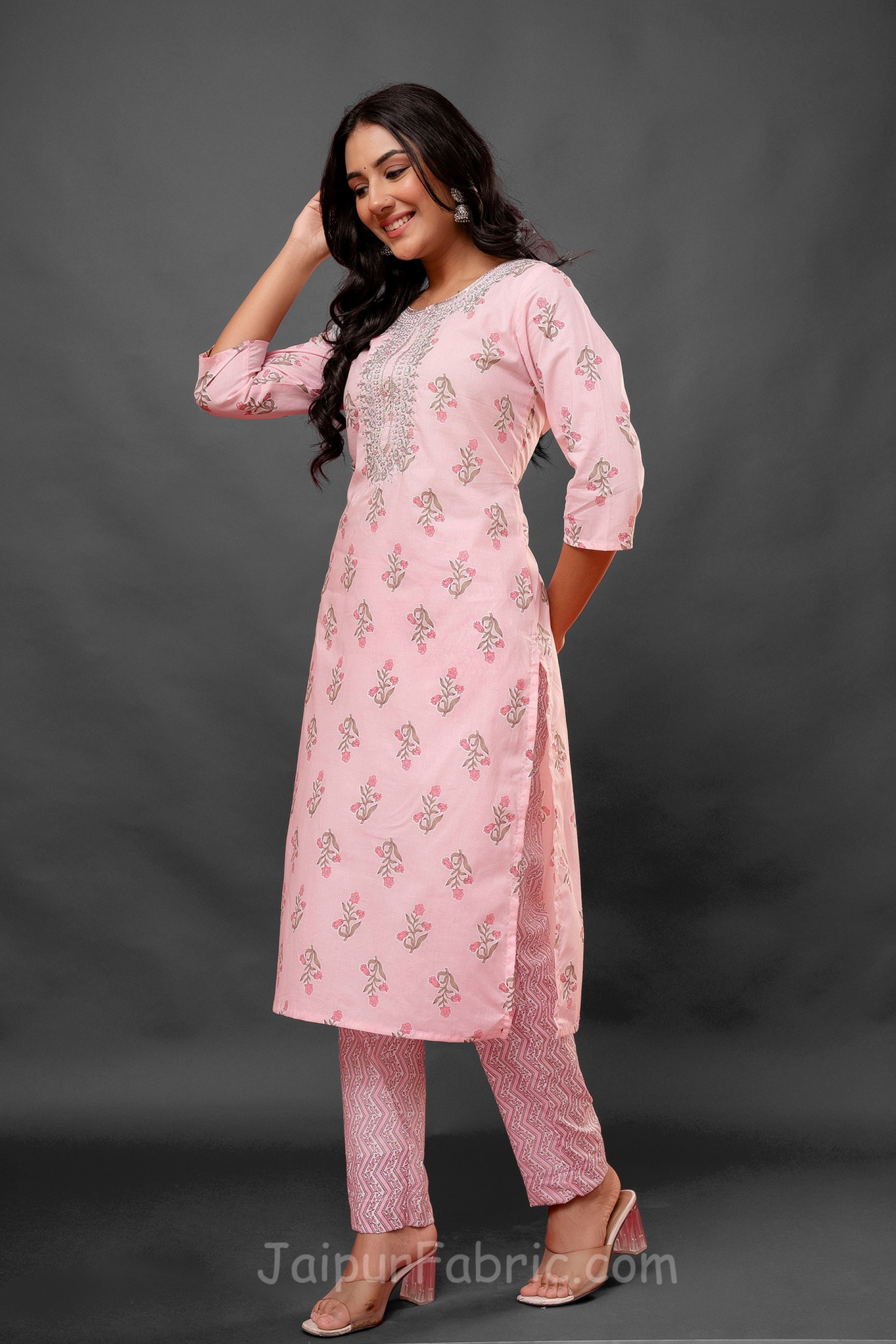 Pink Silver Work Kurti Pant Set