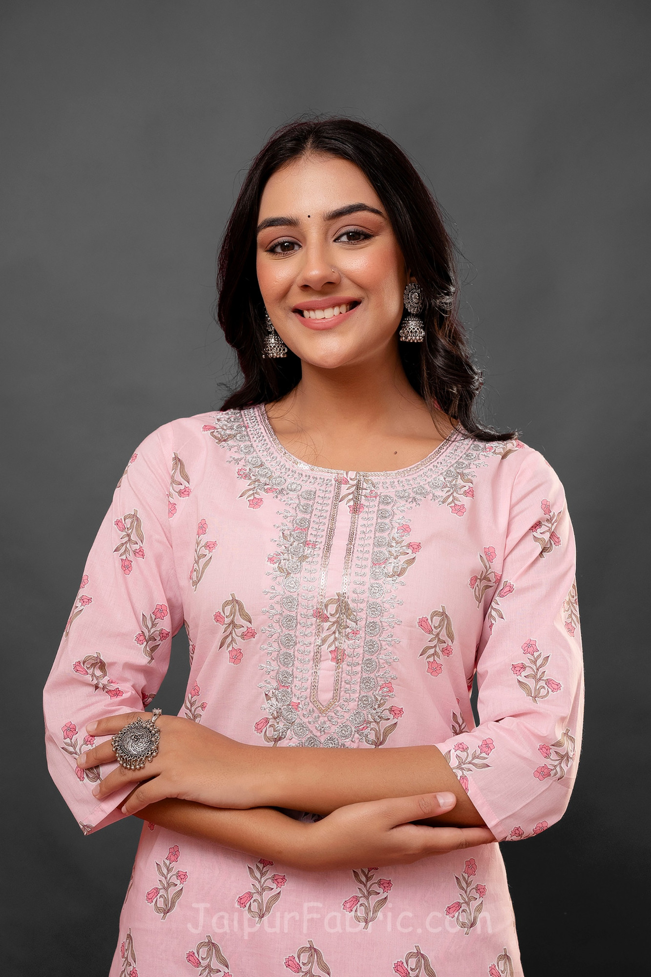 Pink Silver Work Kurti Pant Set