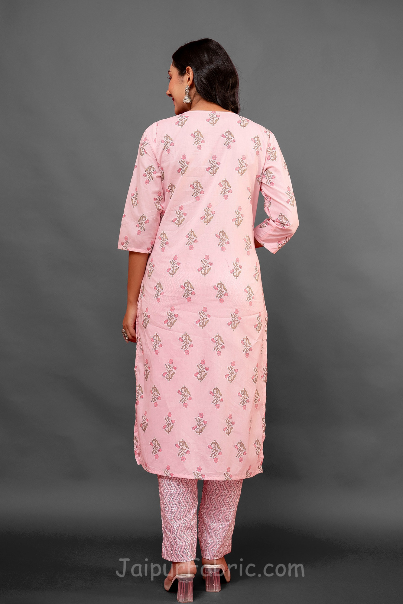 Pink Silver Work Kurti Pant Set