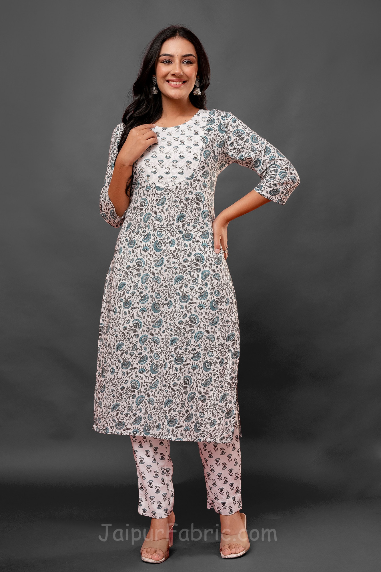 Mirror Work Grey Kurti Pant Set