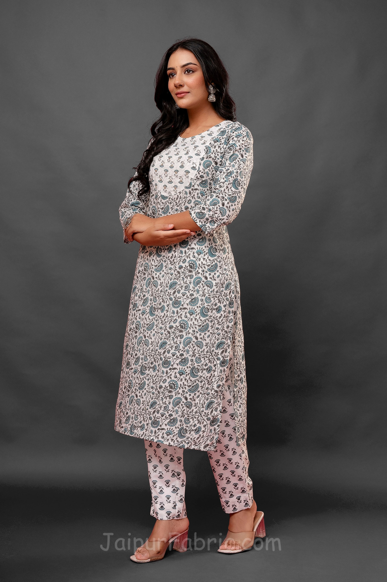 Mirror Work Grey Kurti Pant Set