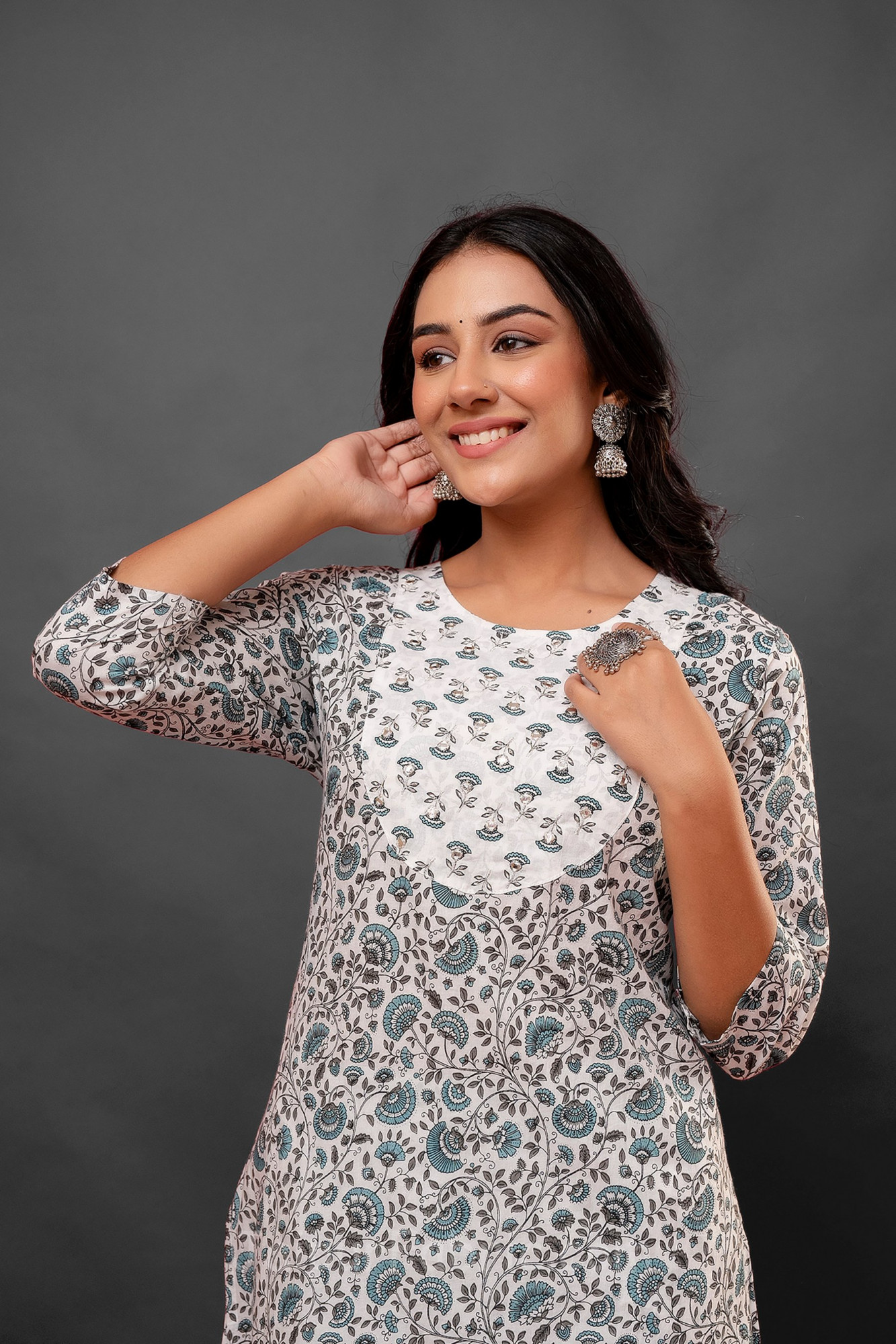 Mirror Work Grey Kurti Pant Set