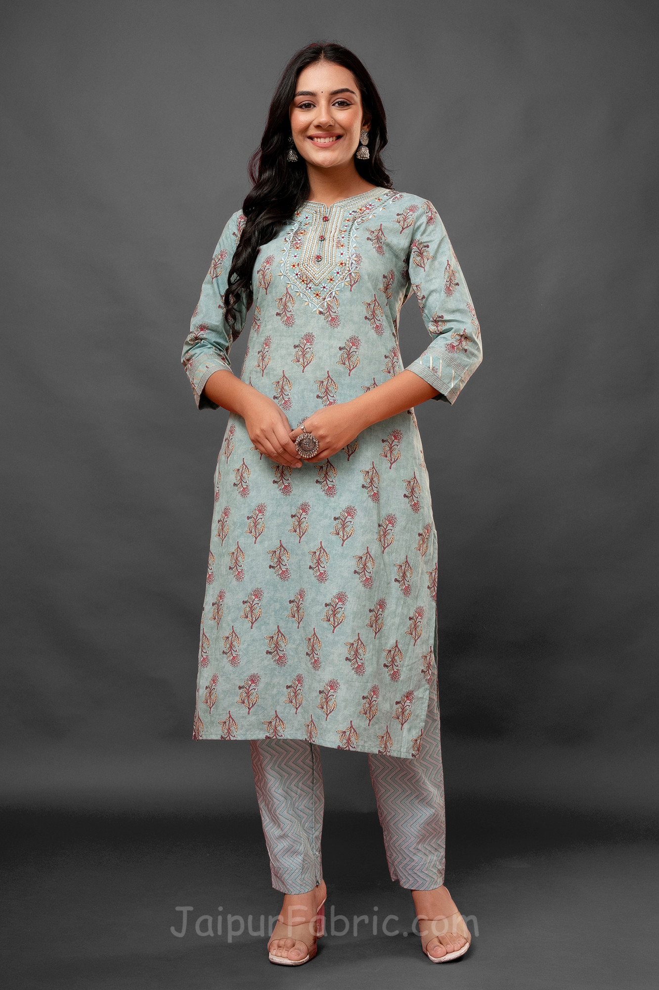 Embroidery Pista Green Kurti Pant Dupatta Set