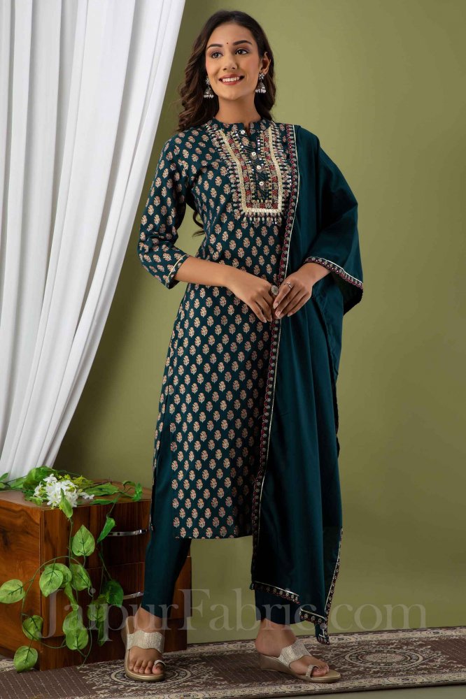 Women Cotton Foil Print Kurti with Pant &amp; Dupatta