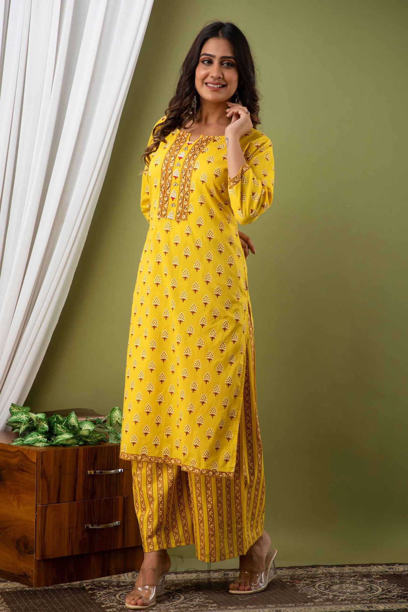 Women Yellow Cotton Kurti With Palazzo