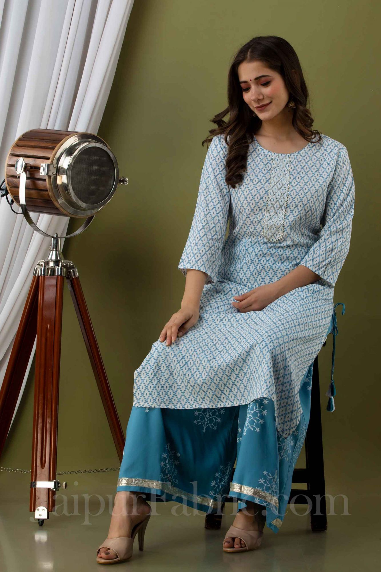 Women Blue Cotton Kurti With Palazzo