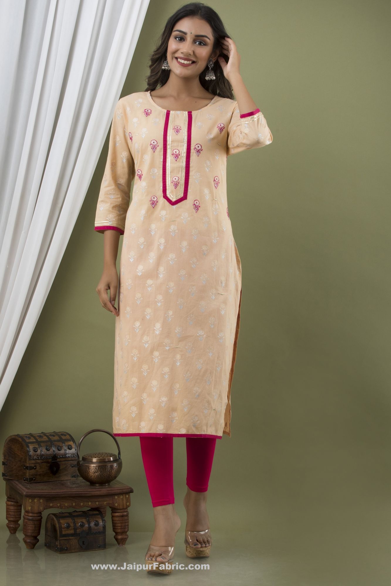 Women Peach Cotton Kurti