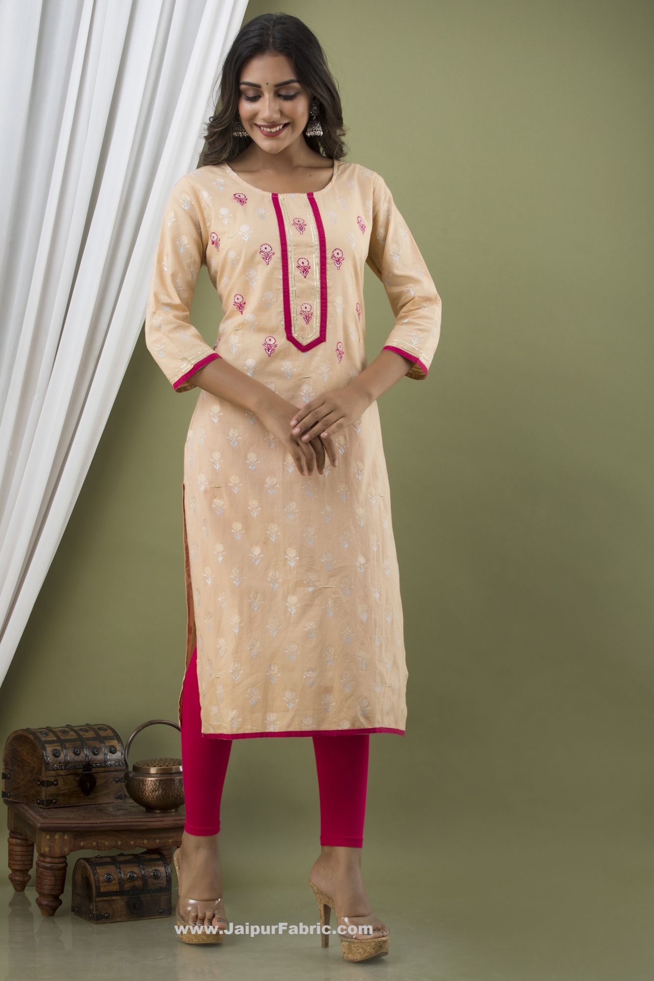 Women Peach Cotton Kurti