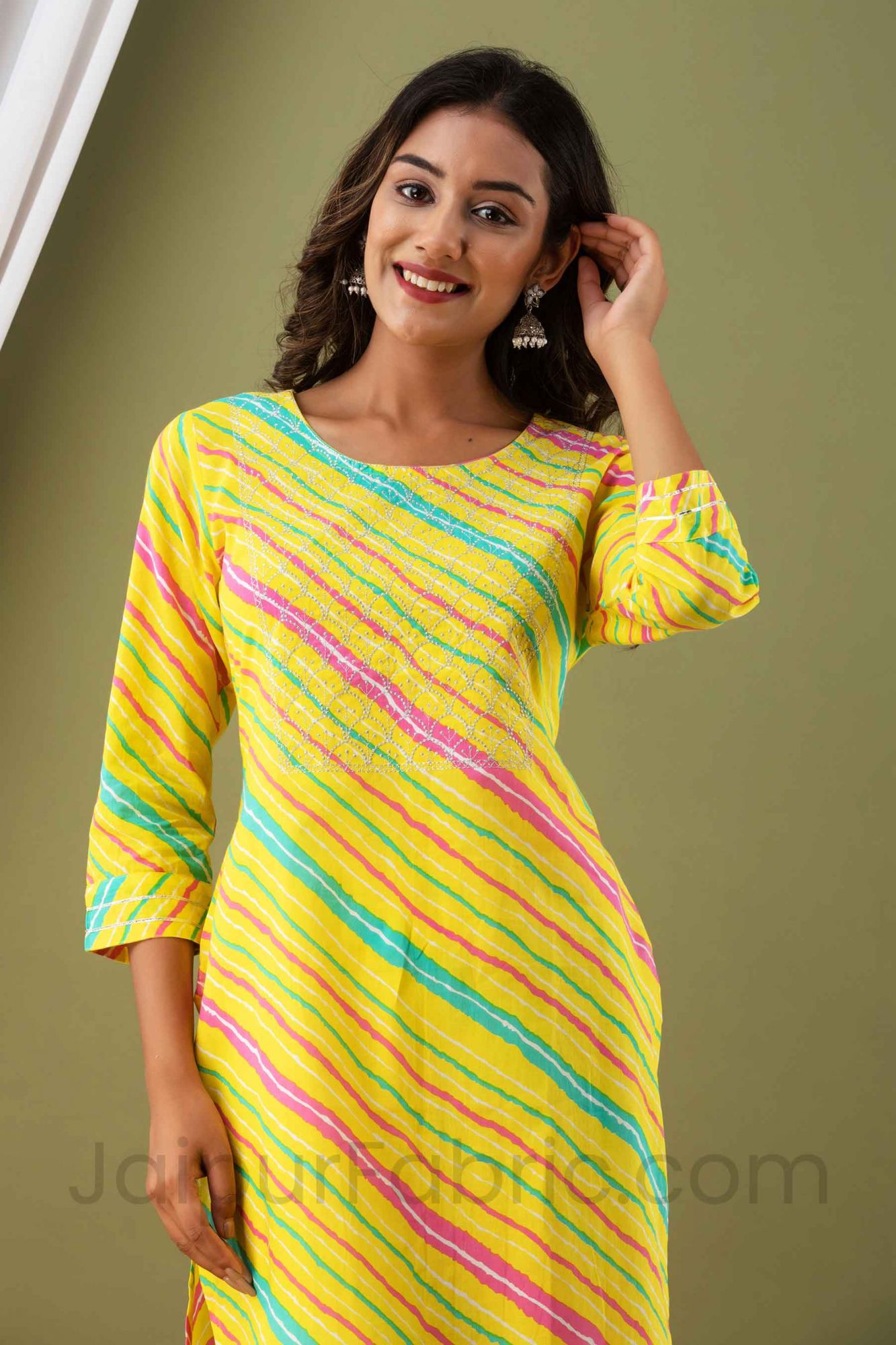 Women Yellow Lehriya Print Cotton Kurti