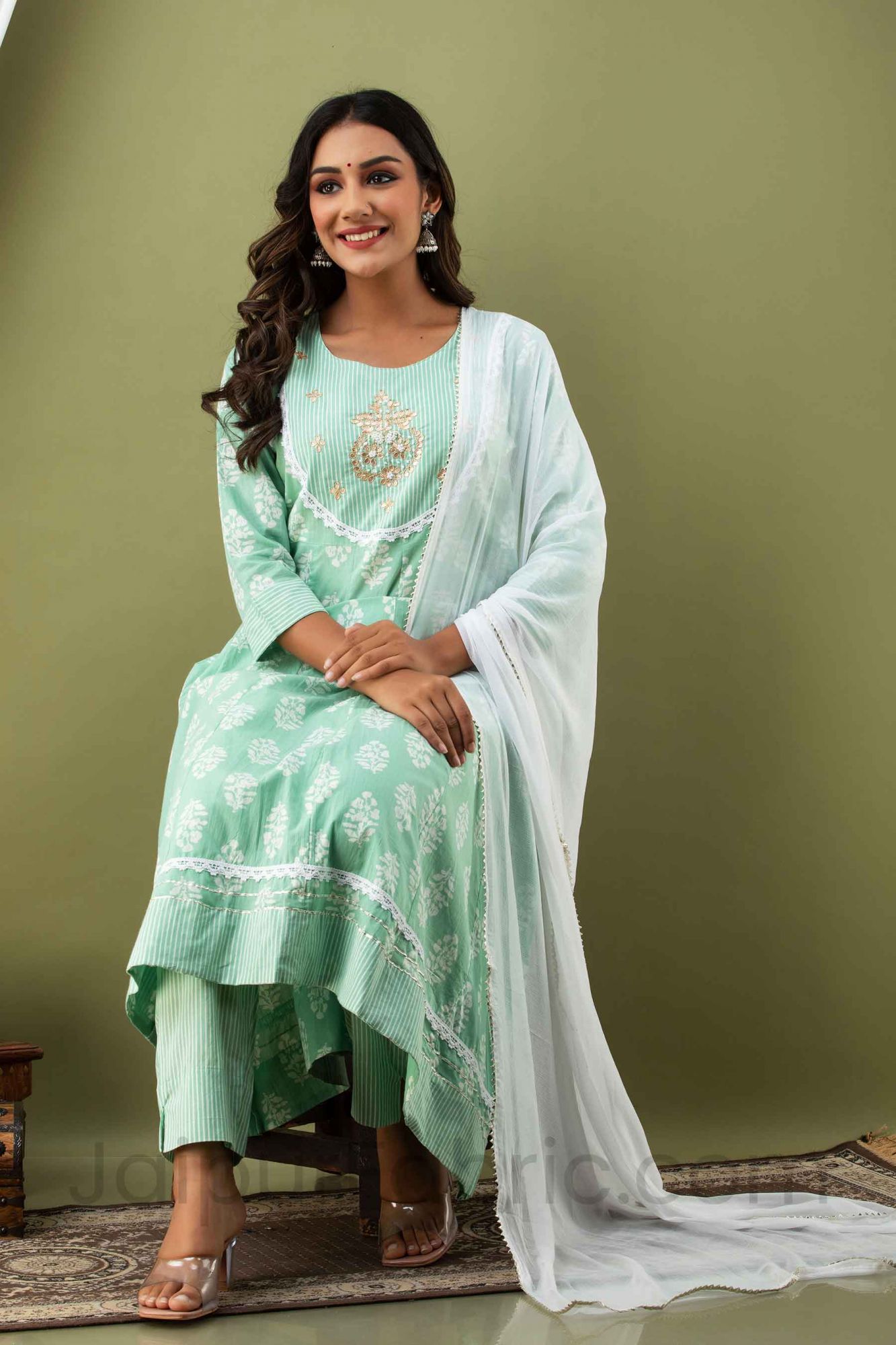 Women Sea Green Aline Kurti with Pant & Dupatta