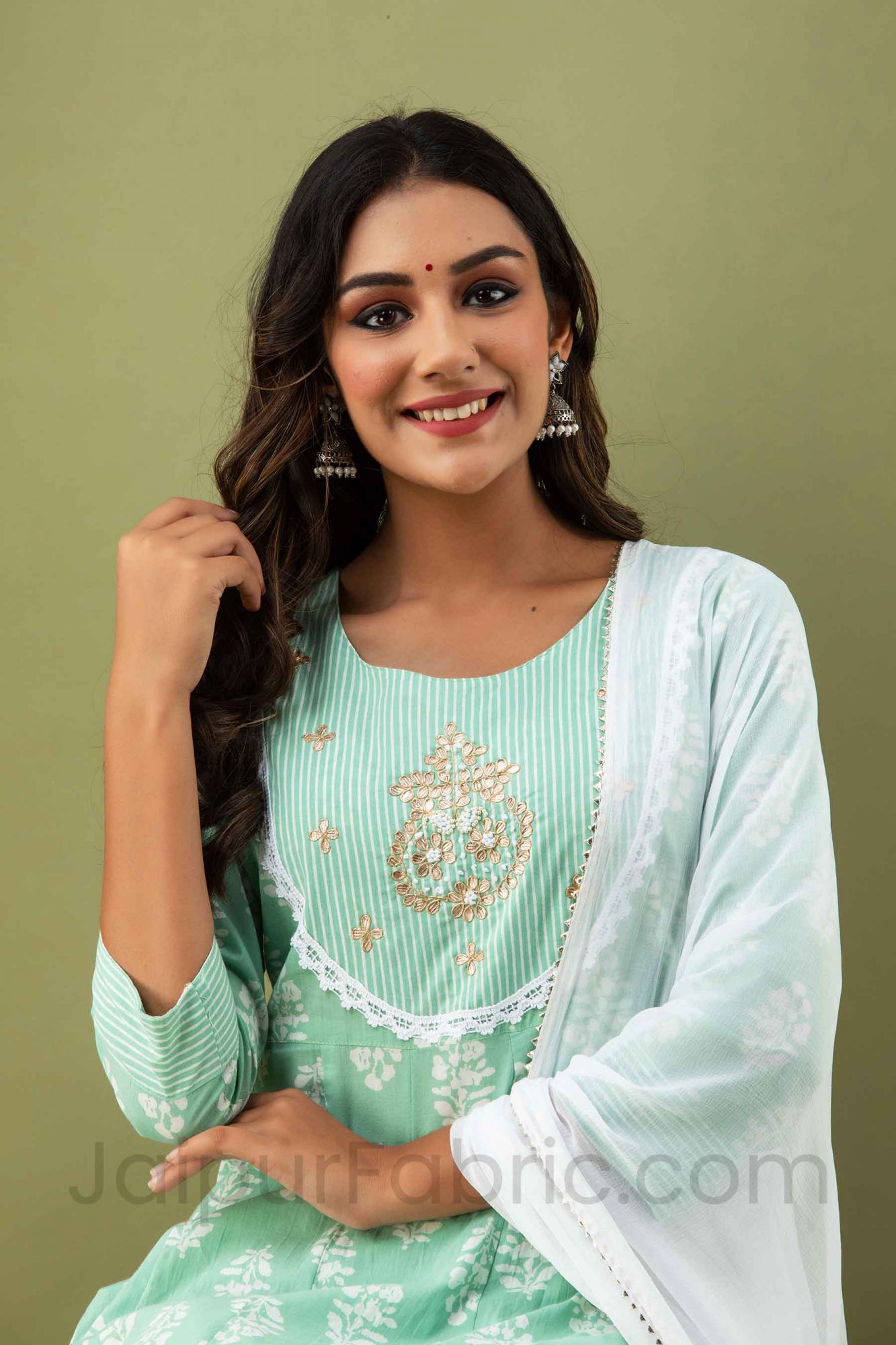 Women Sea Green Aline Kurti with Pant & Dupatta