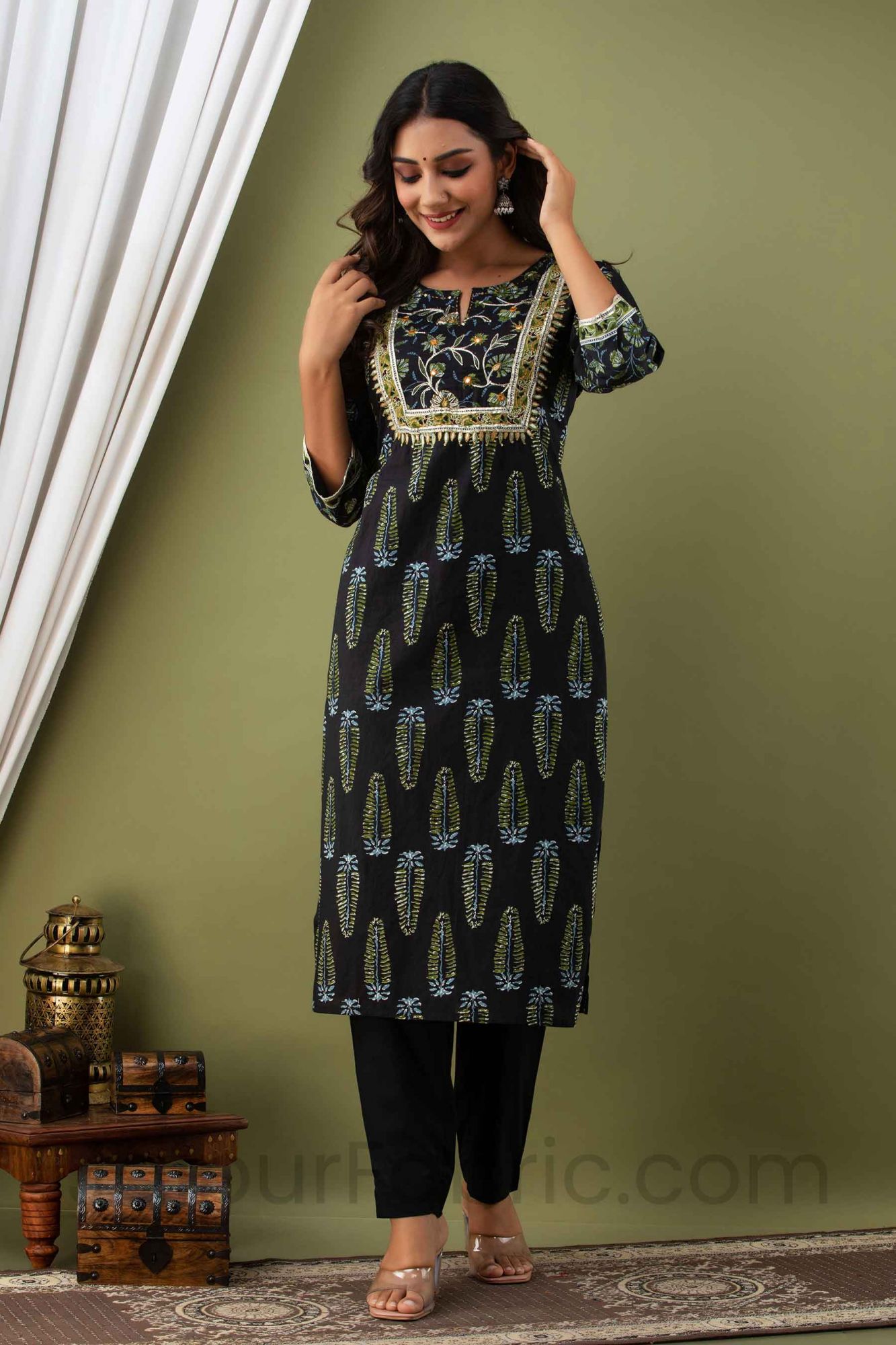 Women Black Cotton Kurti with Pant & Dupatta