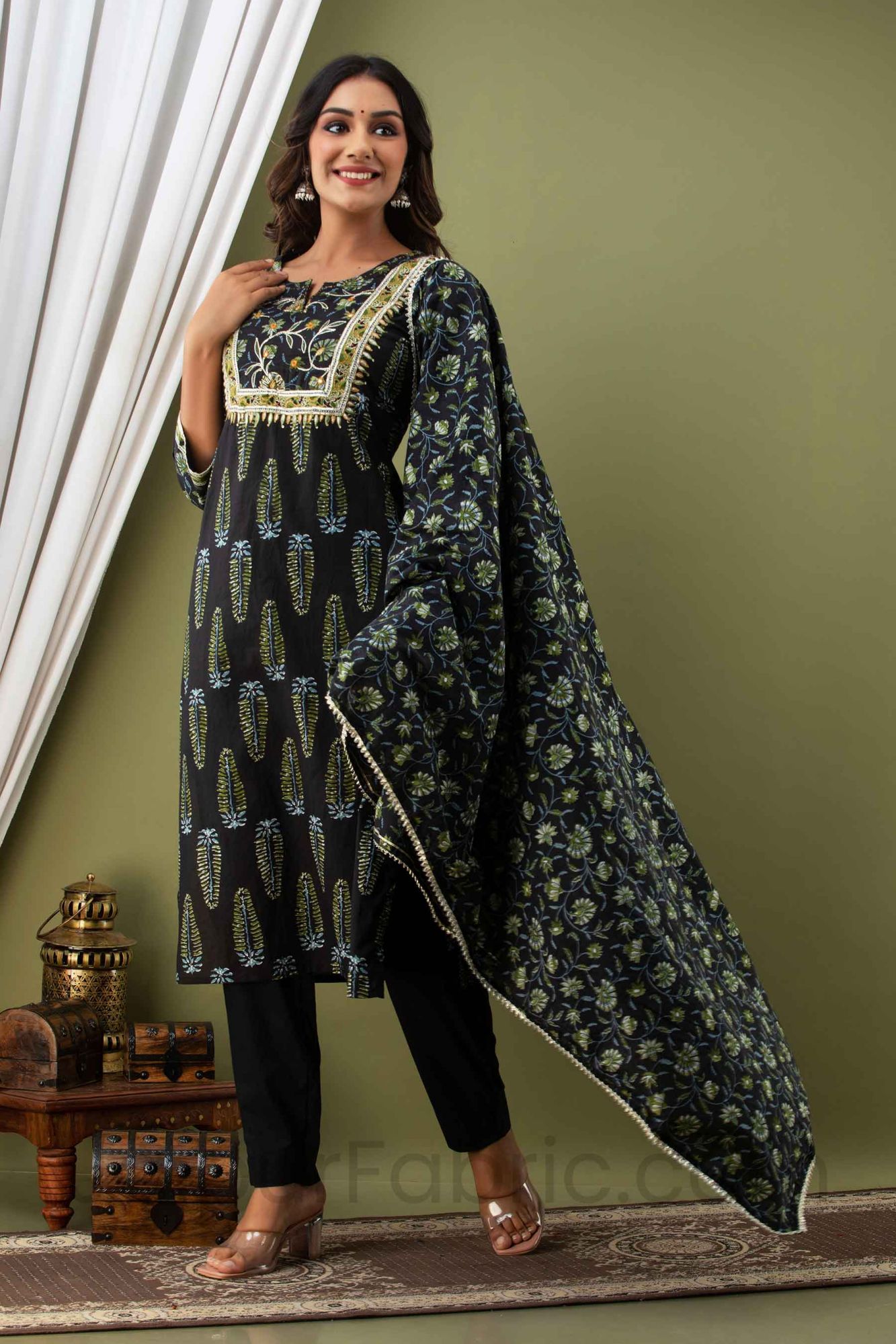 Women Black Cotton Kurti with Pant & Dupatta