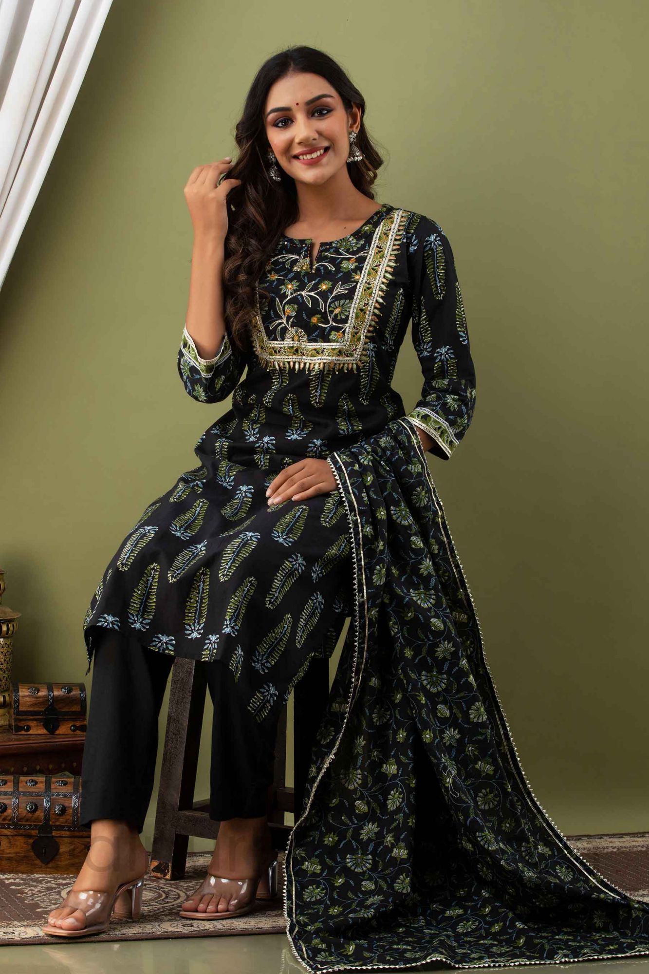 Women Black Cotton Kurti with Pant & Dupatta