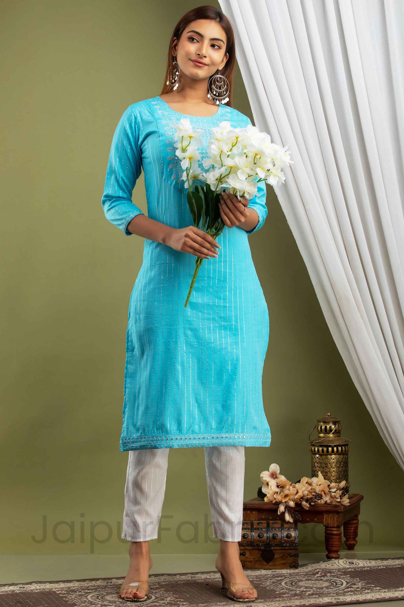 Women Blue Lining Cotton Kurti with Pant