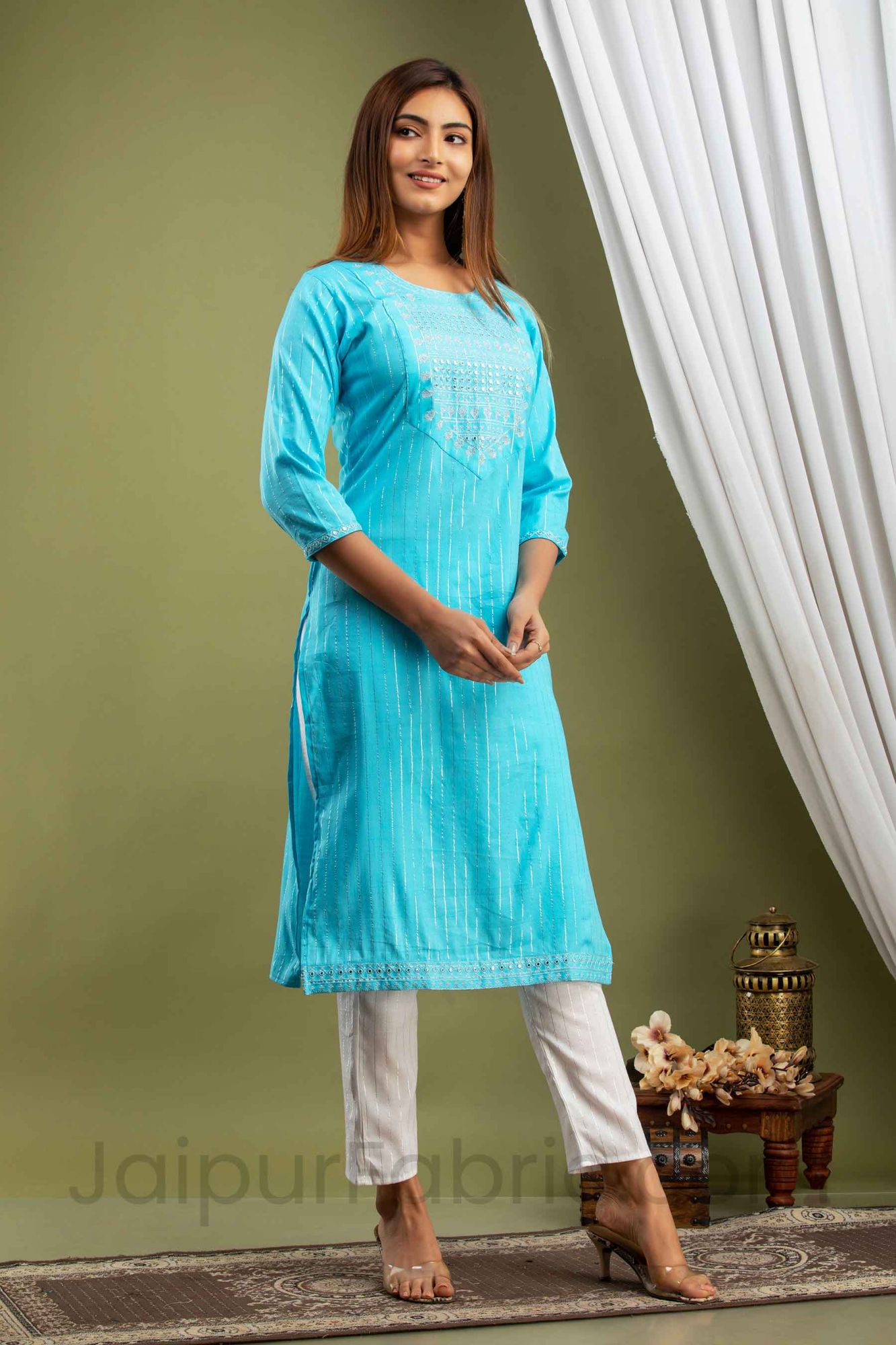 Women Blue Lining Cotton Kurti with Pant