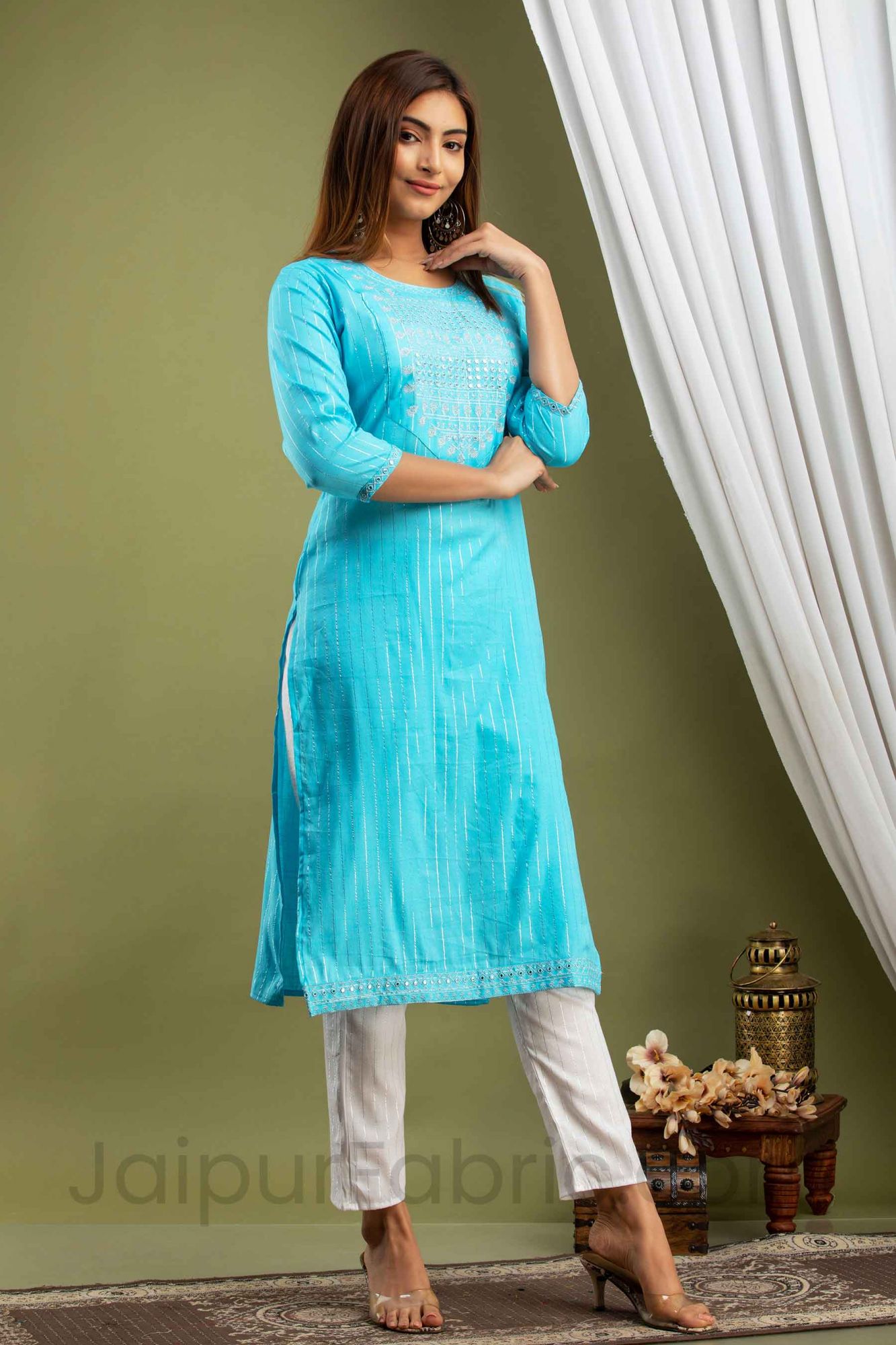 Women Blue Lining Cotton Kurti with Pant