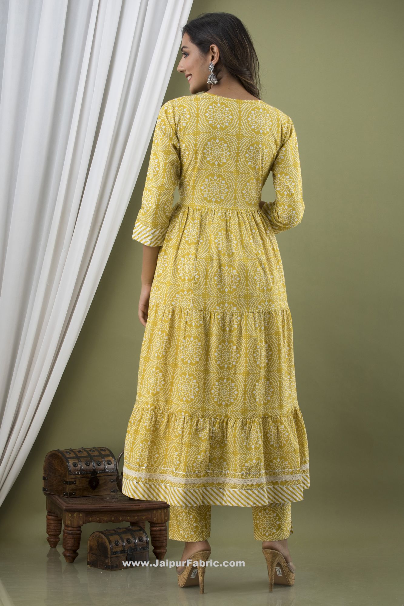 Women Yellow Frill Cotton Kurti with Pant & Dupatta