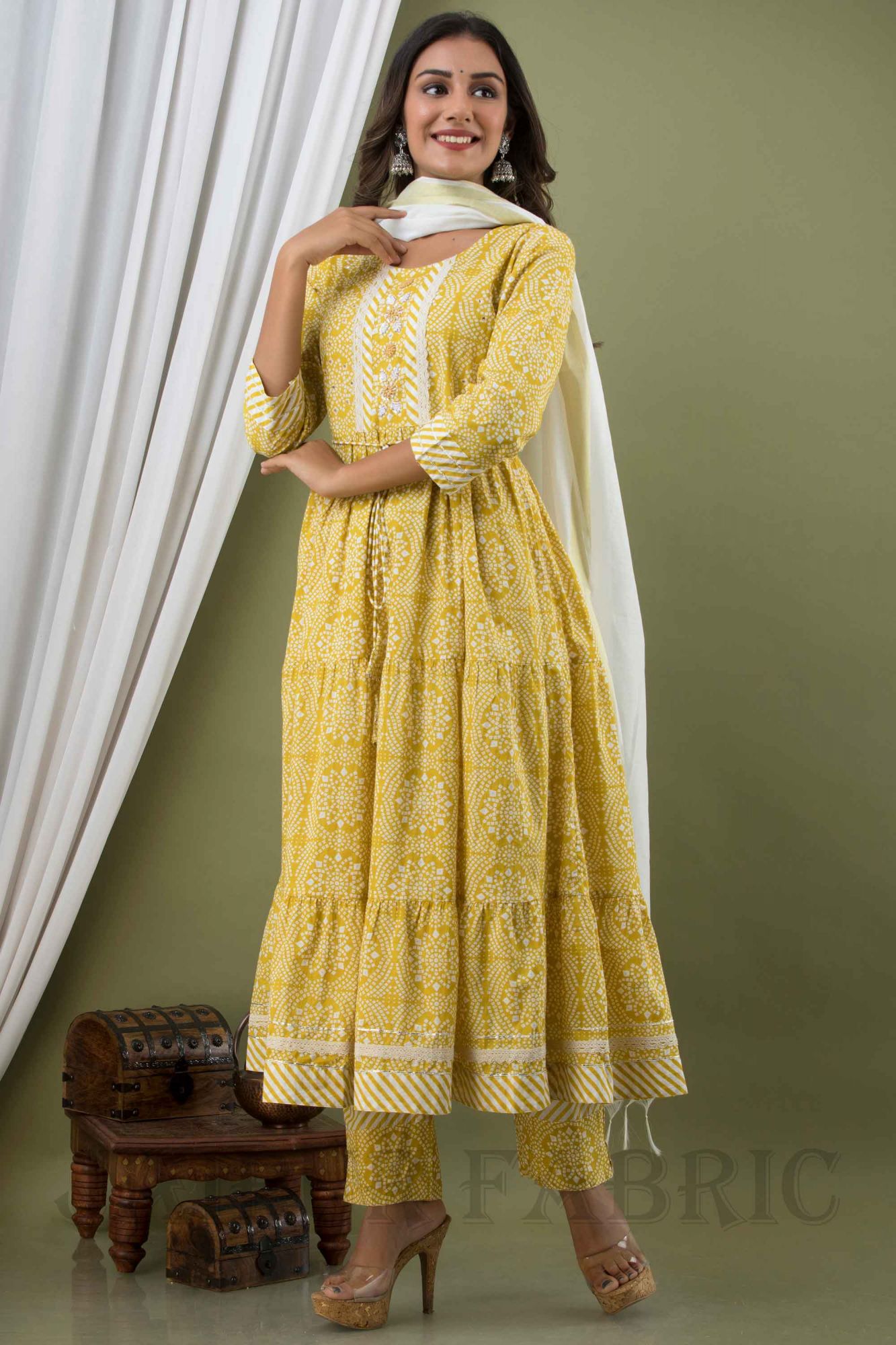 Women Yellow Frill Cotton Kurti with Pant & Dupatta