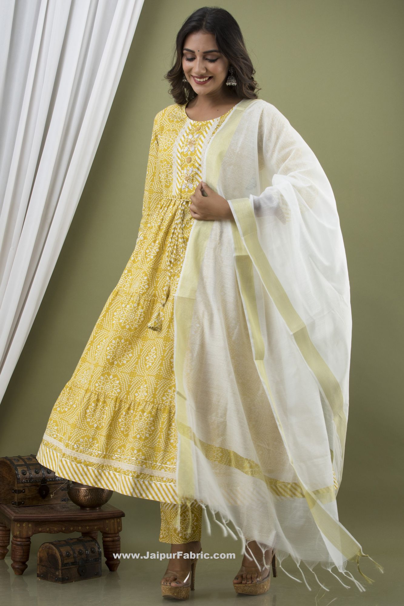 Women Yellow Frill Cotton Kurti with Pant & Dupatta