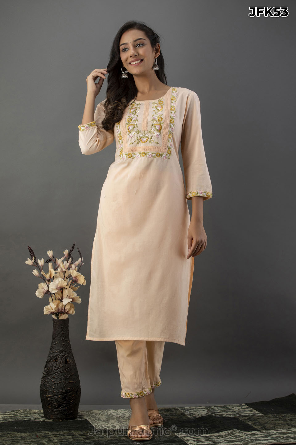 Peach Embroidery Kurti Pant Set