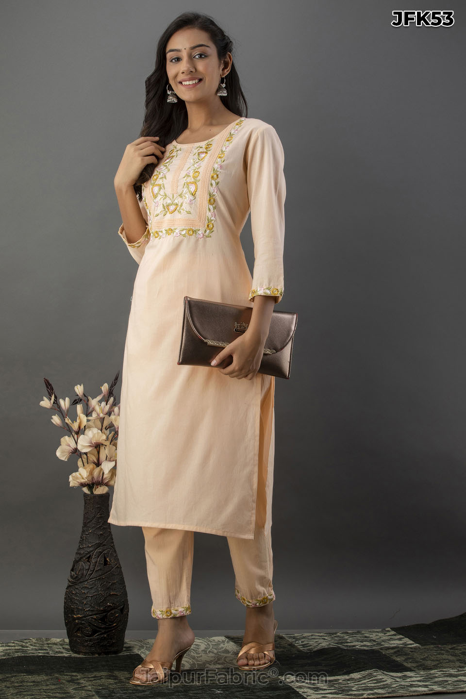 Peach Embroidery Kurti Pant Set