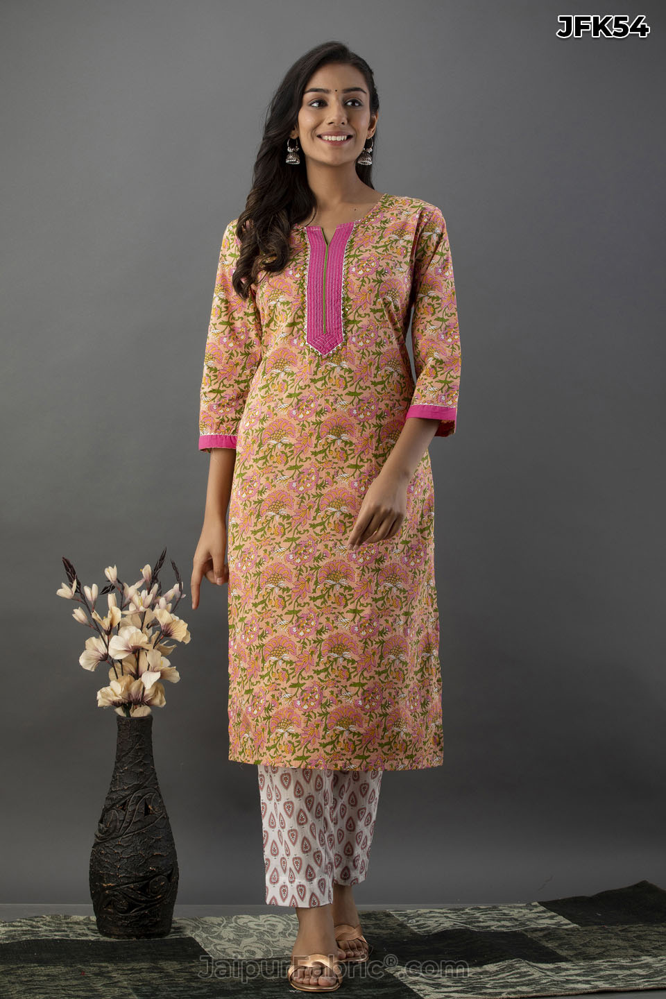 Katha work Cotton Kurti Pant & Dupatta