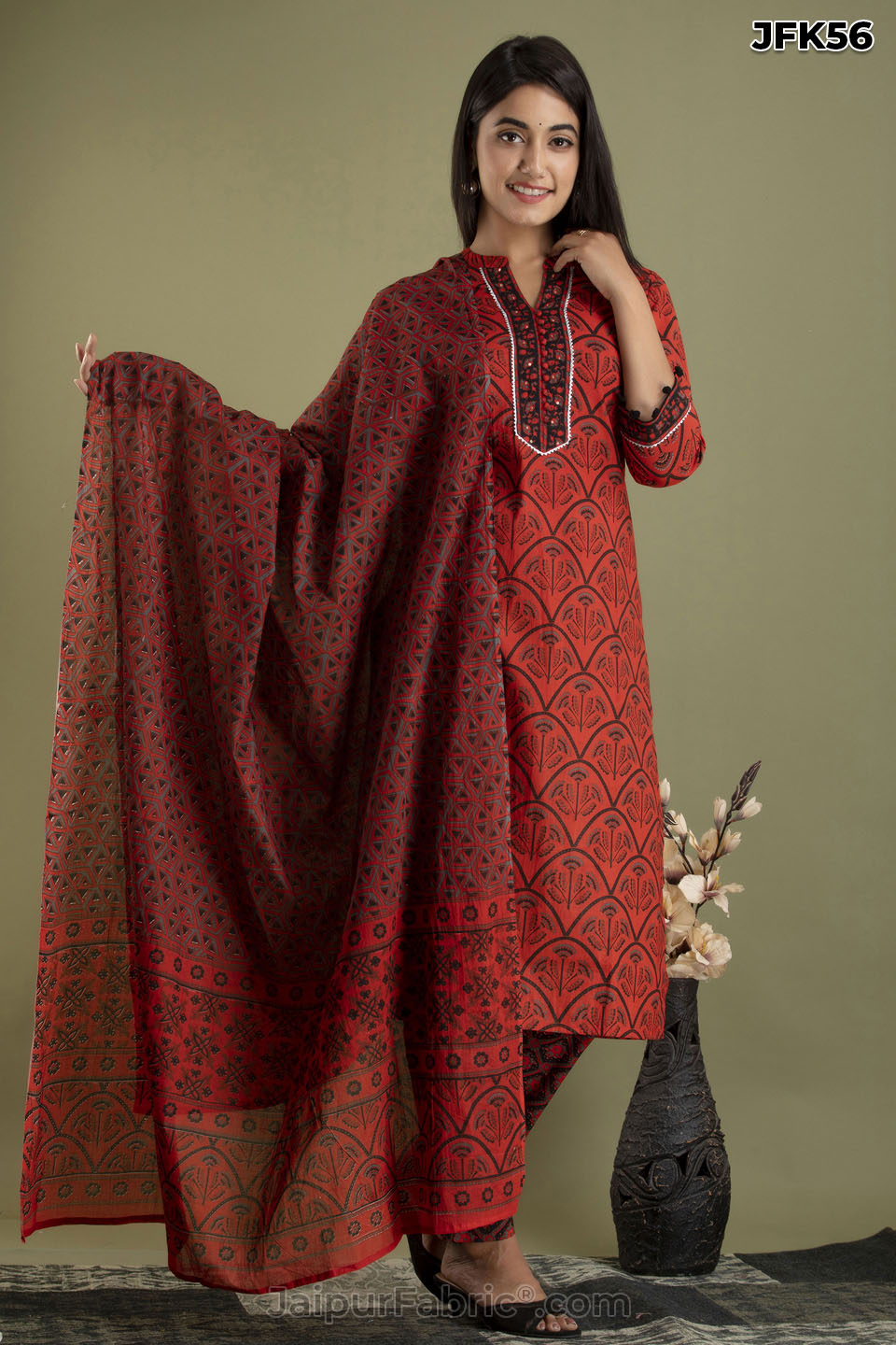 Brick Cotton Kurti Pant & Dupatta