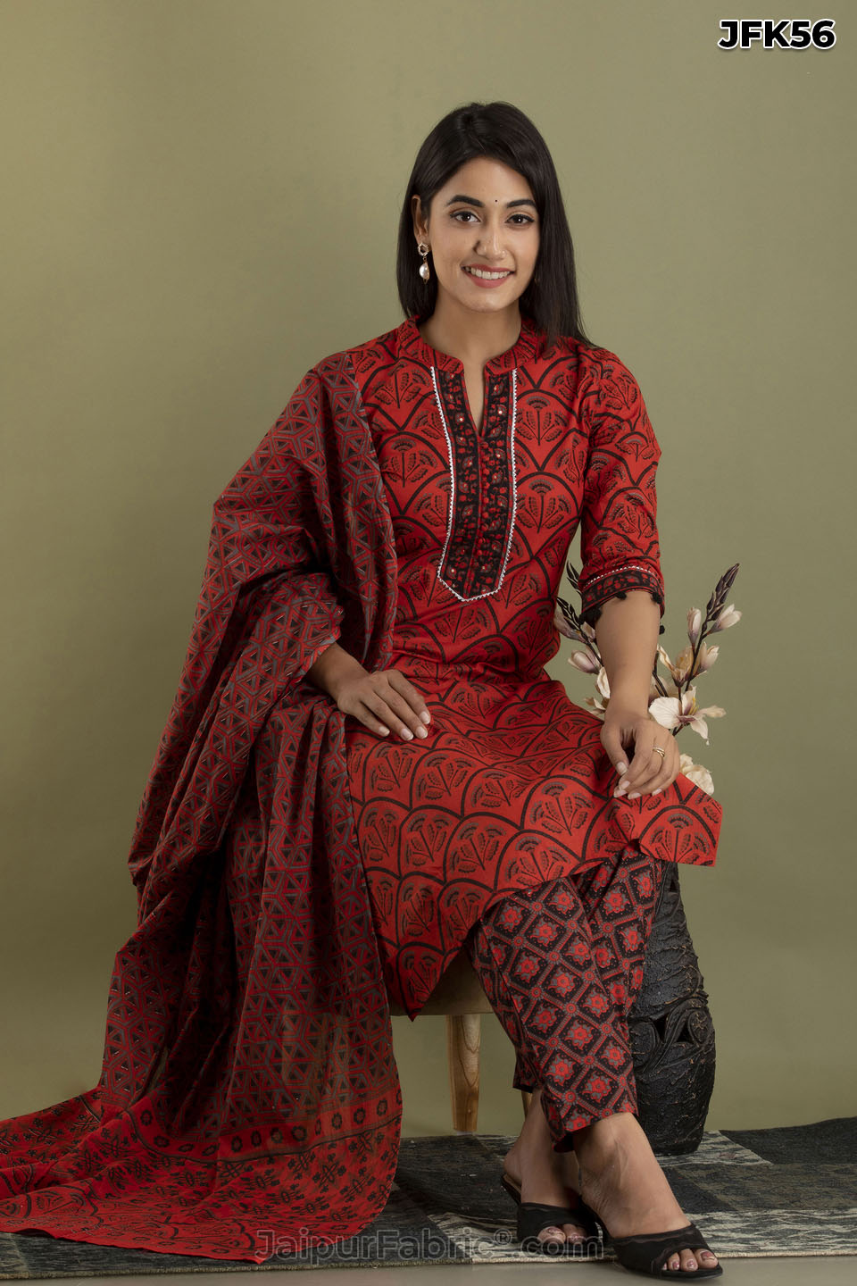 Brick Cotton Kurti Pant & Dupatta