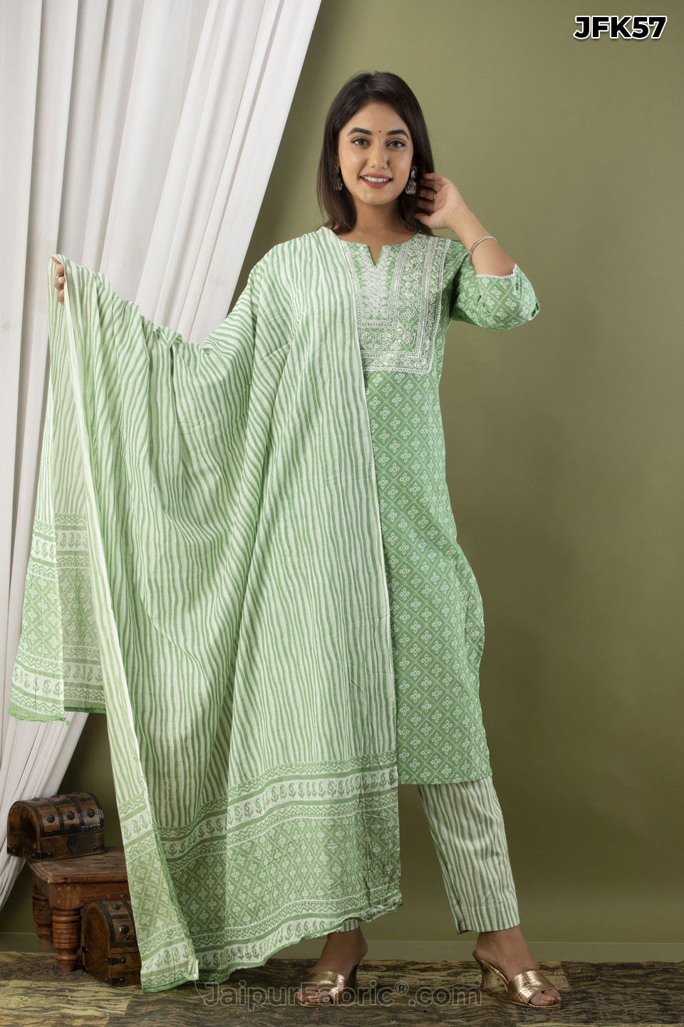 Green Embroidery Kurti Pant & Dupatta