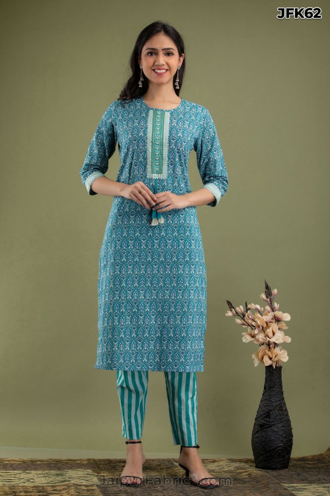 Blue Cotton Kurti Pant Set